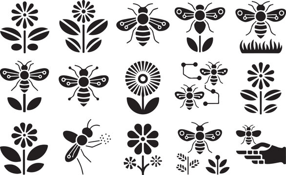 Cute black and white bee and flower icons collection isolated design elements