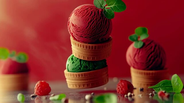Ice cream dessert raspberry green red waffle cone fantasy stack floating red sorbet green sorbet