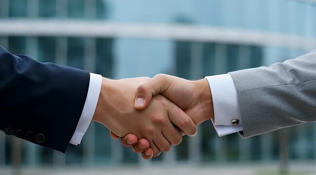 Close up of a firm handshake between two business professionals outdoors