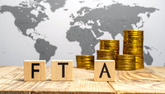 FTA Concept with Wooden Blocks and Stacks of Gold Coins on World Map Background