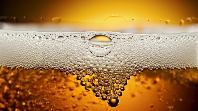 Macro shot of golden liquid with abundant, effervescent bubbles and a smooth, frothy head