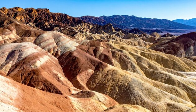 Vibrant layered desert badlands showcasing ancient geological strata under a clear blue sky.