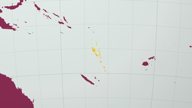 Vanuatu map. Animated zoom into the country on the Globe in Pale Mint Dark Pink color palette. Country logo animation with round text and airplanes. Map with meridians, parallels. Appealing video.