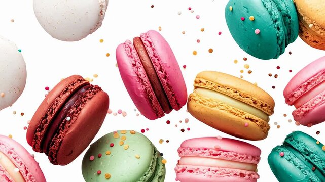 Colorful macaron dessert pastry confection cookie sweet sprinkle candy explosion background