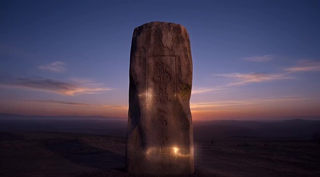 Ancient stone monolith with carvings against a vibrant sunset sky over rolling hills