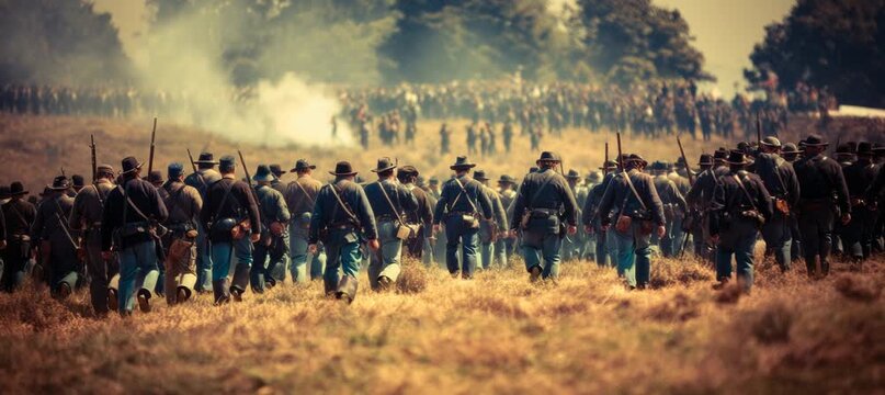 Army military soldier on march. American civil or independence war battle. Generative video AI technology.