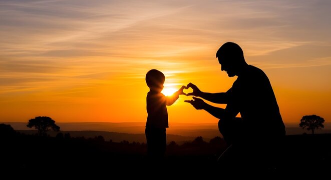 Father and Son Silhouette Making Heart Shape at Golden Sunset