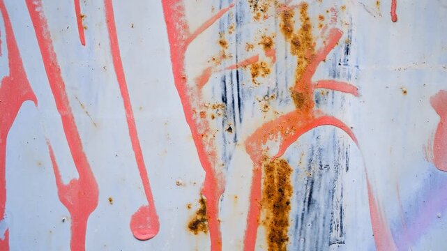 Spray paint and paint stains on an old metal surface, grungy metal surface with graffiti details closeup background