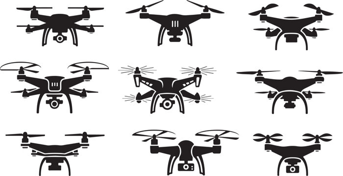 Drone Silhouettes in Various Positions and Angles Illustration Set