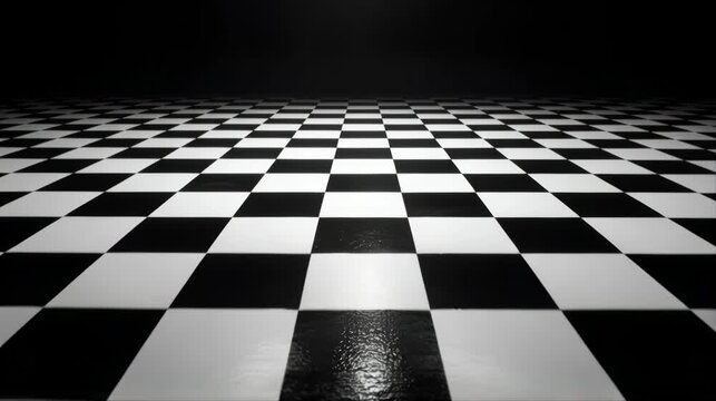 Black and white checkered floor stretching into a dark studio space, creating a minimalist geometric background with strong perspective for abstract and design visuals