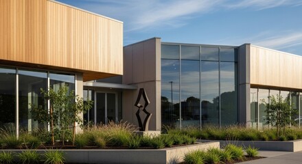 Obraz premium Modern Office Building with Abstract Sculpture and Lush Landscaping