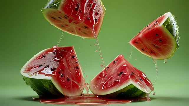 Fresh Watermelon Cut on Green Background