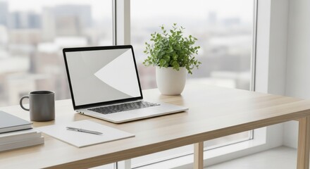 Fototapeta premium Modern Office Desk with Laptop, Plant, and City View