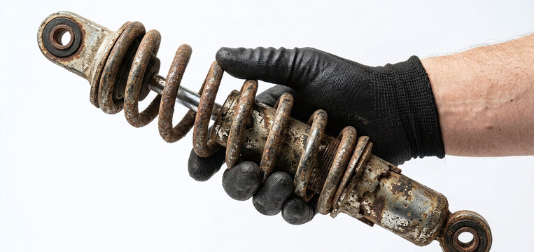 A close-up photo of a hand holding a worn-out rear shock absorber from a motorcycle