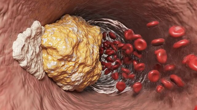 Illustration of a Blood Vessel with a Blockage and Red Blood Cells