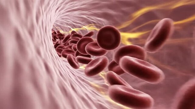 Microscopic view of blood cells flowing through a vein or artery vessels