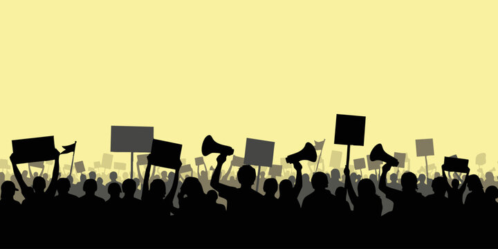 A crowd of people protest with signs and megaphones in city streets, showing emotions and social issues.