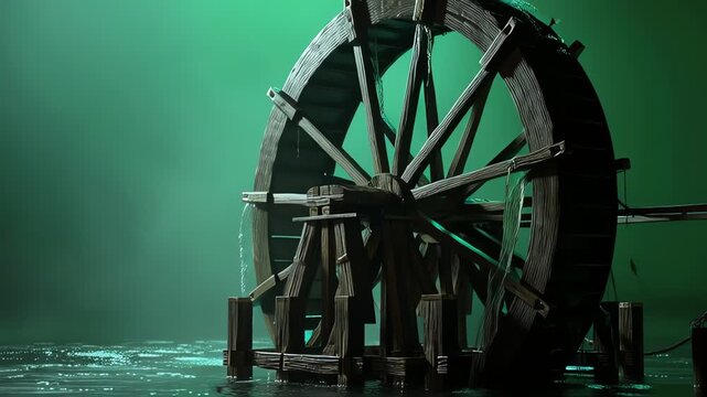 Old Wooden Water Wheel in Green Mist