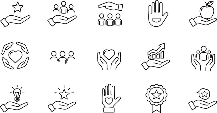 Various hands holding or offering objects and symbols in a line illustration.