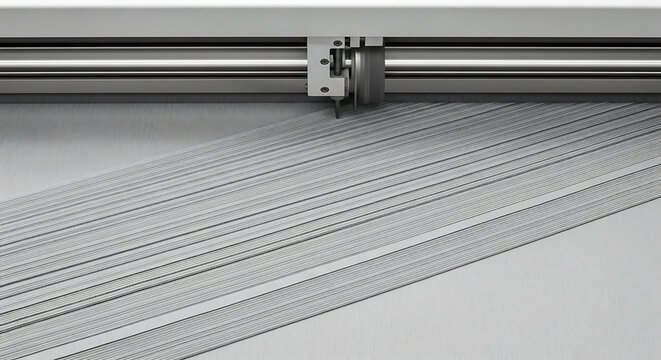 textile cutting machine precisely slices material into parallel strips showcasing modern automated industrial production.