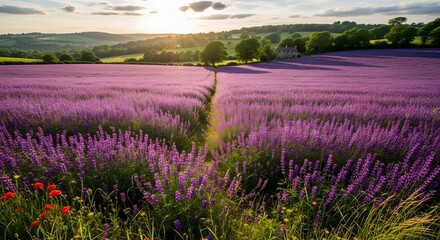 Vibrant purple flowers blooming in a serene field of lavender with colorful wildflowers and lush greenery under sunset