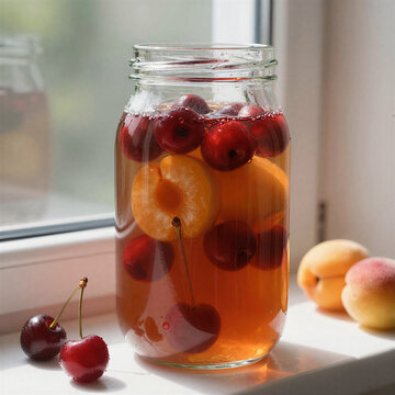 Jar of Homemade Fruit Compote on Window Sill