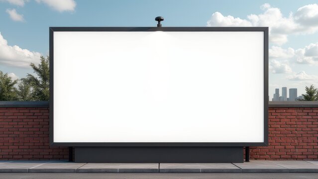 blank white outdoor light box mockup on brick wall with sky background city billboard template
