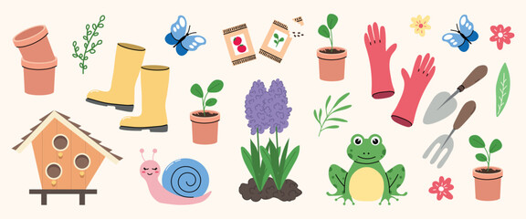 Cute gardening elements set with plants tools frog snail and butterflies flat illustration © Mariana