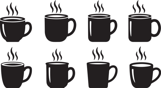 Eight black coffee mugs with steam rising illustration set