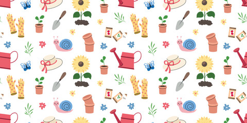 Spring gardening pattern with watering can sunflower pots and seed packets © Mariana