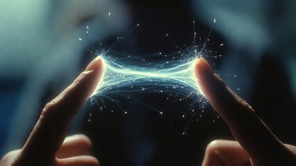 Two fingertips touching and generating glowing blue energy spark waves on pure black background