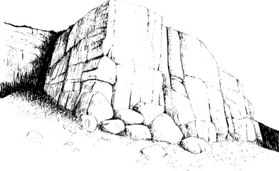 Black and white of a rugged cliff face with textured rock formations and sparse vegetation © Somrat