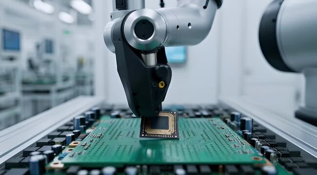 Precise robotic arm installing a microchip on a circuit board during manufacturing