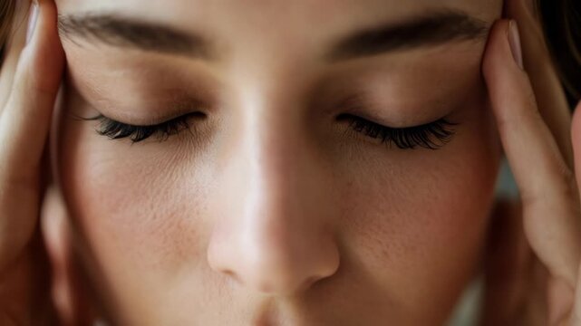 Close up portrait of a stressed young woman with closed eyes massaging her temples, suffering from a severe headache or migraine.