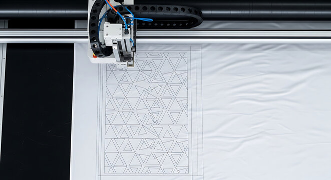 automatic textile cutting machine processing a geometric pattern on white fabric showcasing industrial design and precision manufacturing