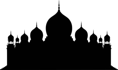 Black Silhouette of Islamic Mosque Architecture with Multiple Domes and Minarets White Background © Somrat