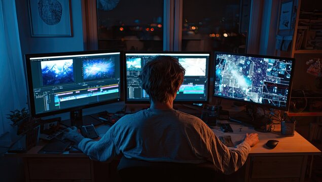 Person works on video editing project on three computer monitors at night