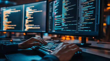 Close-up of programmer coding artificial intelligence algorithm on multiple monitors, machine learning development concept