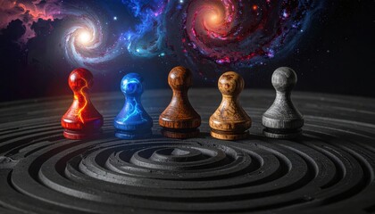 Fototapeta premium Abstract Wooden Game Pieces Representing Elemental Forces Against a Cosmic Galaxy Background