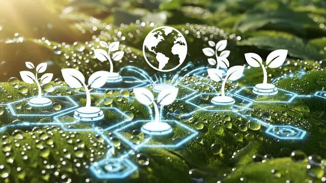 Digital network overlaying dewdrops on green leaves with a globe