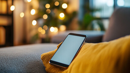 Close-up of smartphone used for online shopping in cozy home environment