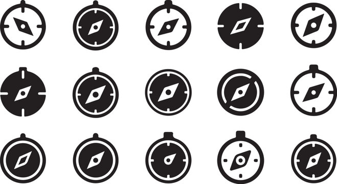 Collection of various black and white compass icons design