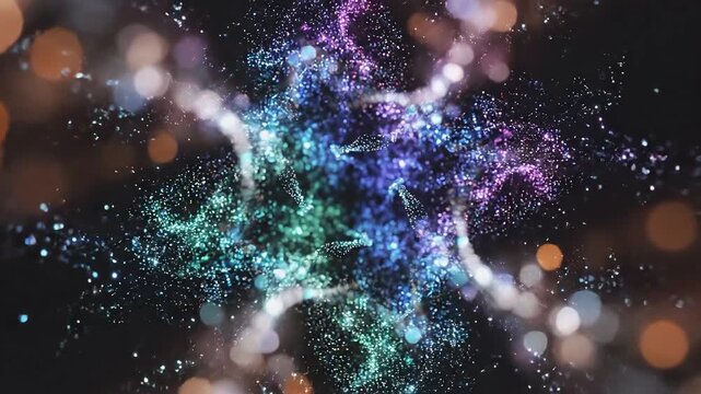 Abstract Colorful Glowing Particles Exploding Center Bursting Outwards.