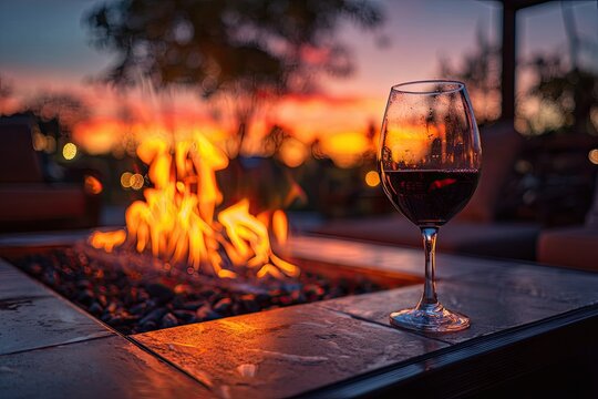 A glass of red wine rests beside a crackling fire pit at dusk