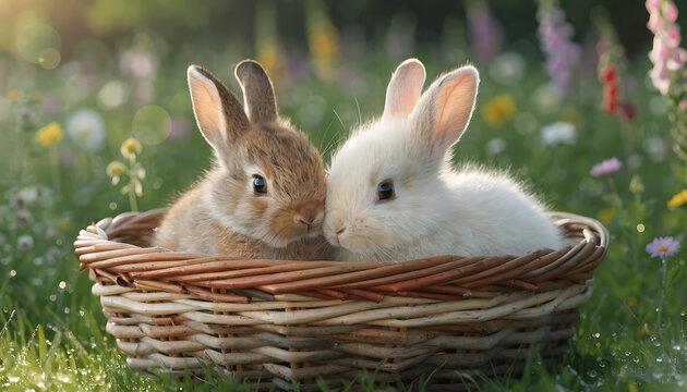 Two adorable baby rabbits in woven basket on blooming spring meadow