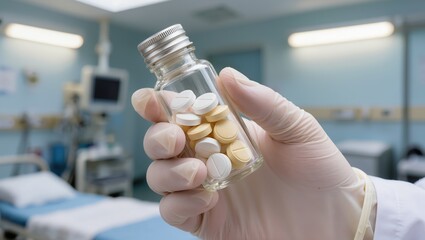 Obraz premium Gloved hand of a doctor holding a glass jar with white and yellow tablets, emphasizing pharmaceutical handling, medication management, and clinical practice