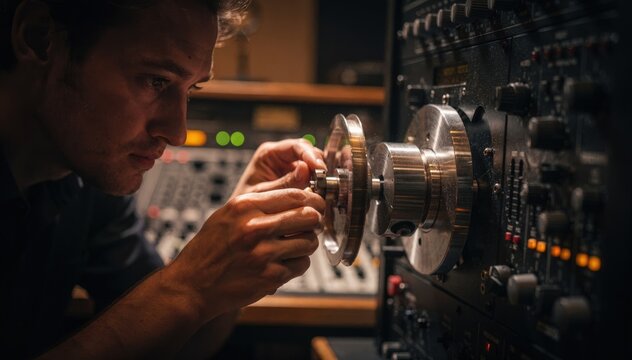 Closeup medium shot of a technician inspecting capstan wheels during multitrack tape machine maintenance in a dimly lit studio surrounded by blurred mixing consoles.