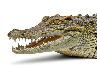 Obraz premium Closeup of a crocodiles head with open mouth isolated on white background