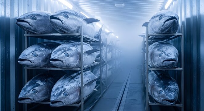 Frozen whole tuna fish stored in a refrigerated shipping container for export.