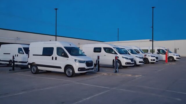 A row of white vans parked in a lot with charging stations
